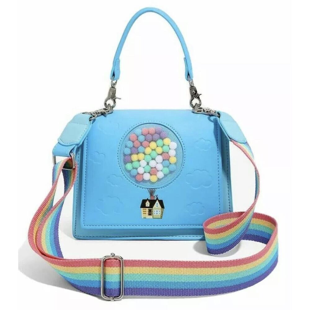 Loungefly Disney Up Movie Balloons Crossbody Hand Bag Pom Poms Rainbow Strap NWT